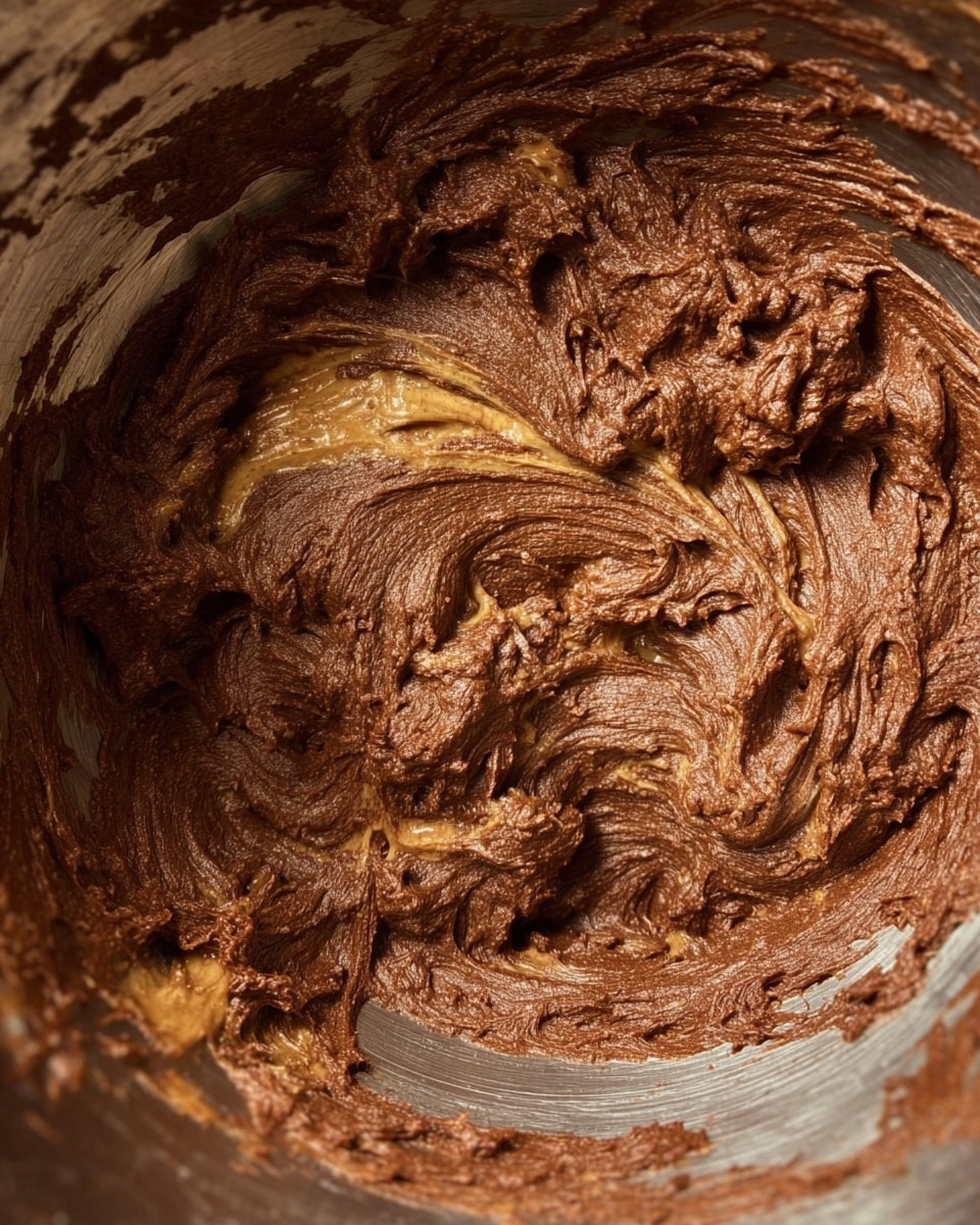 A close-up view inside a shiny metal bowl filled with thick chocolate batter mixed with swirls of light brown peanut butter, showing a textured and creamy surface with some lumps and smooth areas, the mixture evenly spread but not completely blended, giving a marbled effect of dark brown and tan colors. The background is a white marbled texture. photo taken with an iphone --ar 4:5 --v 7