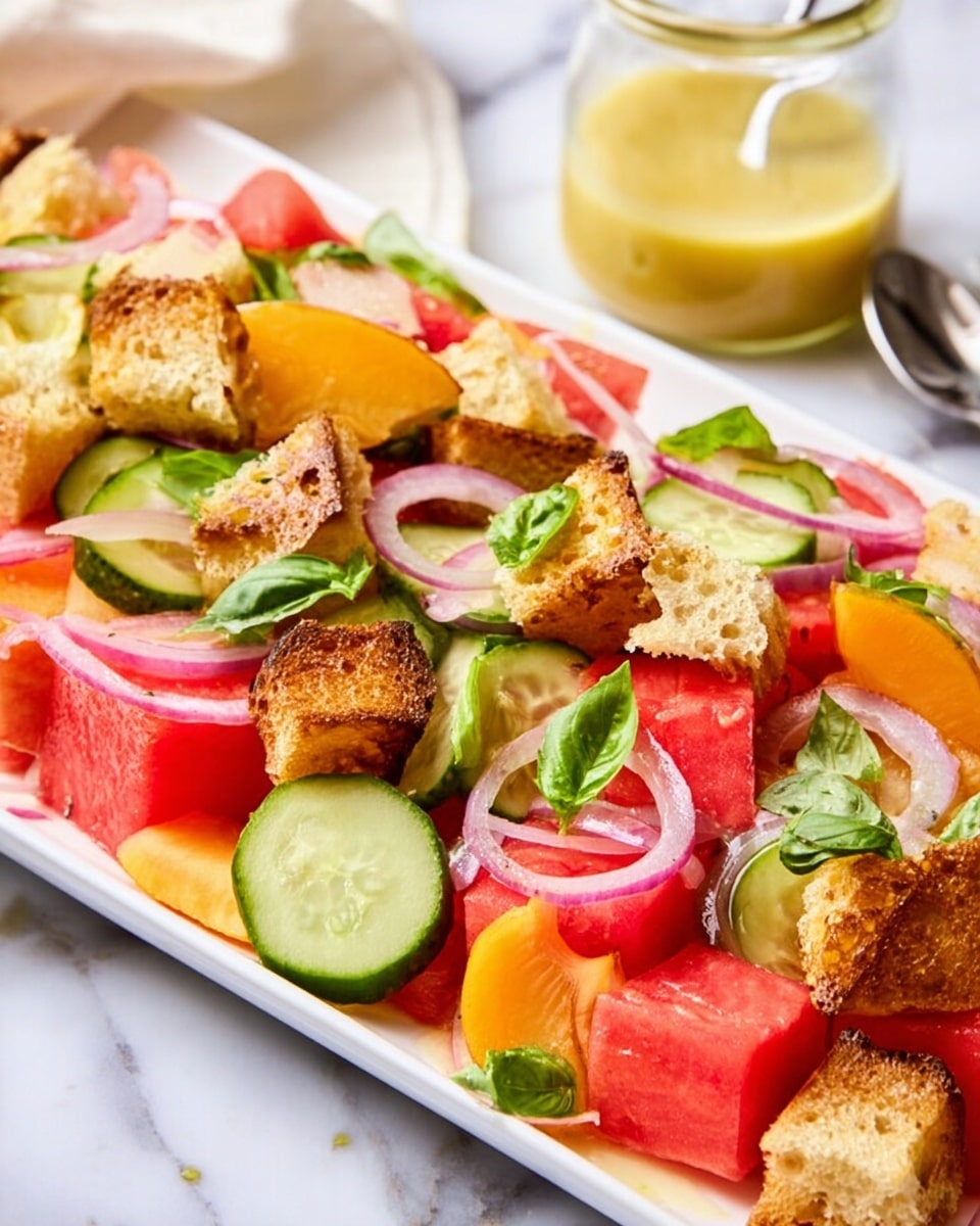 The dish is a colorful salad arranged on a white rectangular plate, placed on a white marbled surface. The salad includes three main layers: large cubes of red watermelon, golden toasted bread chunks with a crunchy texture, and round slices of green cucumber with pale flesh. Scattered throughout are thin slices of light purple red onion and thin wedges of orange peach. Small green basil leaves are sprinkled on top for a fresh look. In the background, there is a clear glass jar with a small amount of light yellow dressing and a spoon inside. Photo taken with an iphone --ar 4:5 --v 7