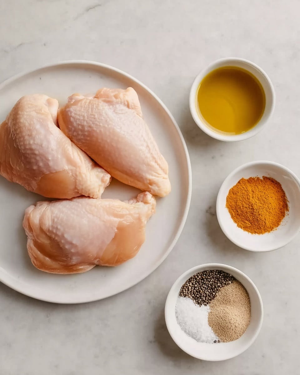 The image shows three raw chicken pieces placed in a neat row on a white plate, taking the center-left side of the frame. To the right of the plate, there are two small white bowls, one filled with a golden yellow liquid, likely oil, and the other filled with an orange powdered spice. Below the main plate is a small white bowl containing three piles of spices: black pepper, white salt, and a light brown spice powder, arranged in a circular pattern. All the items are placed on a white marbled surface, creating a clean and simple look. Photo taken with an iphone --ar 4:5 --v 7