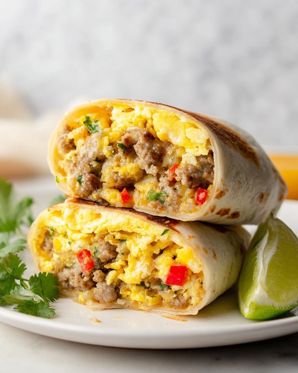 The image shows a close-up of a breakfast burrito cut in half and stacked on a white plate. The top half reveals layers of soft scrambled eggs mixed with small pieces of light brown sausage, specks of green herbs, and bright red diced bell peppers. The eggs are fluffy and yellow with a melted cheese layer adding a creamy texture. The burrito wrap is light brown and slightly toasted, holding the filling tightly. Next to the burrito on the plate is a wedge of lime and some green cilantro leaves. The background has a soft white marbled texture. photo taken with an iphone --ar 4:5 --v 7