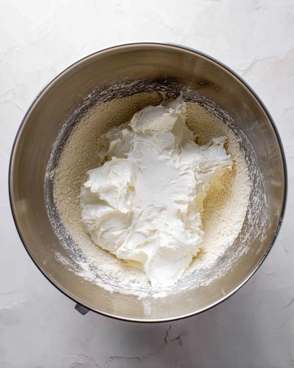 Inside a shiny silver mixing bowl, there is a layer of fine, light beige powder on the bottom, topped with dollops of thick white cream with a smooth and fluffy texture. The powder looks dry and granular, while the cream is dense and slightly glossy. The bowl is set on a white marbled surface, visible around the edges of the bowl. Photo taken with an iphone --ar 4:5 --v 7