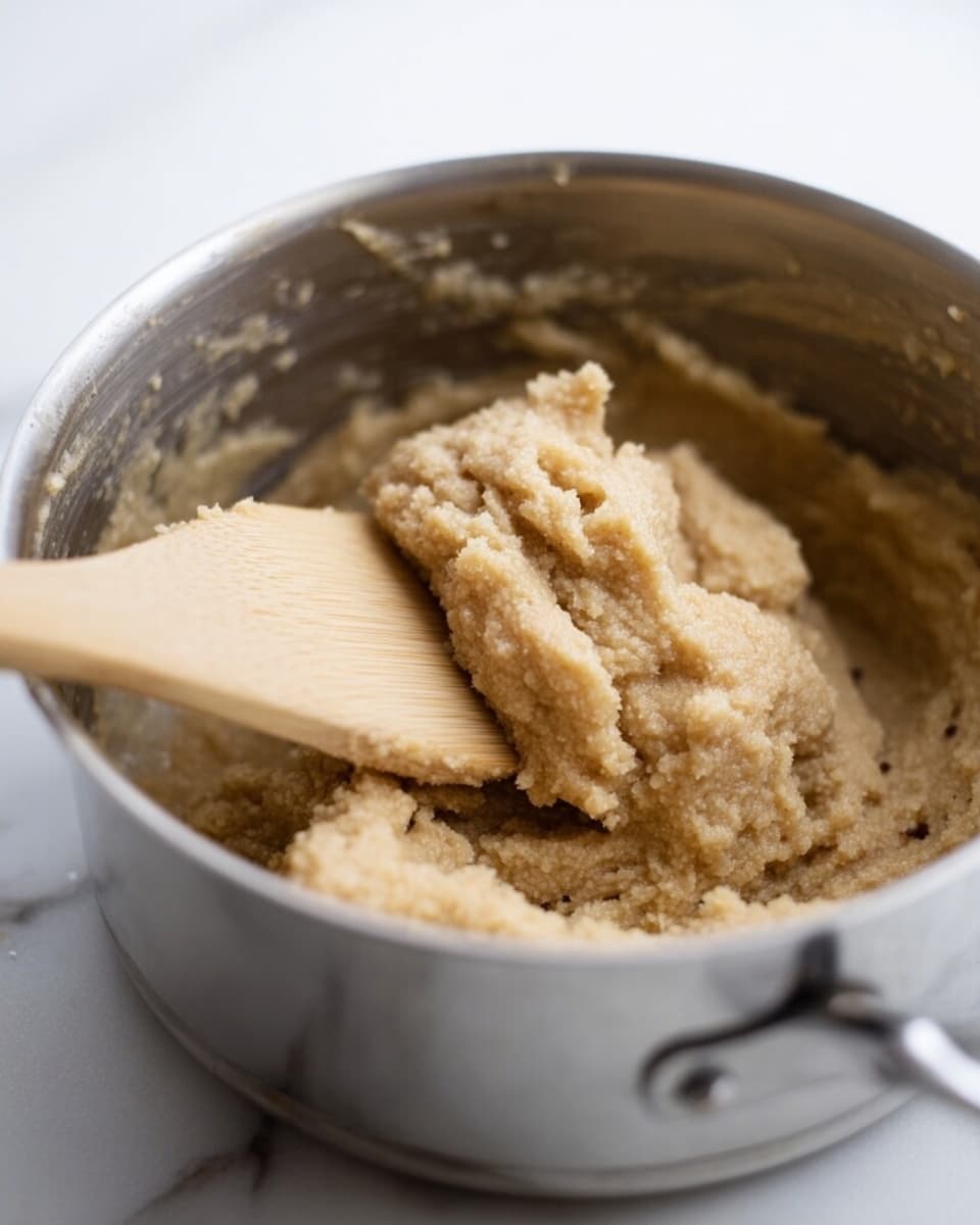 The image shows a close-up of a silver pot filled with thick, grainy beige mixture with small dark specks, being stirred by a light wooden spatula. The mixture has a dense, slightly rough texture, and the pot is placed on a smooth white marbled surface. The focus is on the soft, clumped layers of the mixture as it clings to the spatula and moves within the pot. Photo taken with an iphone --ar 4:5 --v 7