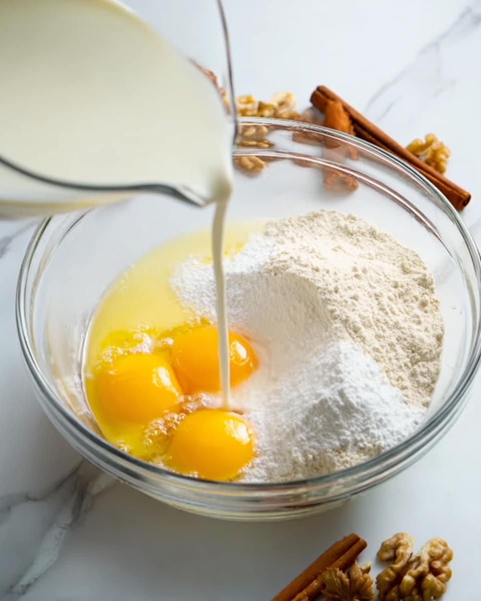 A clear glass bowl is filled with three yellow egg yolks and white flour on one side, white sugar on the other, and milk being poured in from above, all placed on a white marbled surface. The textures show the powdery flour, the granular sugar, the smooth egg yolks, and the flowing liquid milk, creating a mix of whites, yellows, and clear glass reflections in the bowl. Nearby, there is a piece of cinnamon stick and some walnut pieces adding a natural touch to the scene, photo taken with an iphone --ar 4:5 --v 7