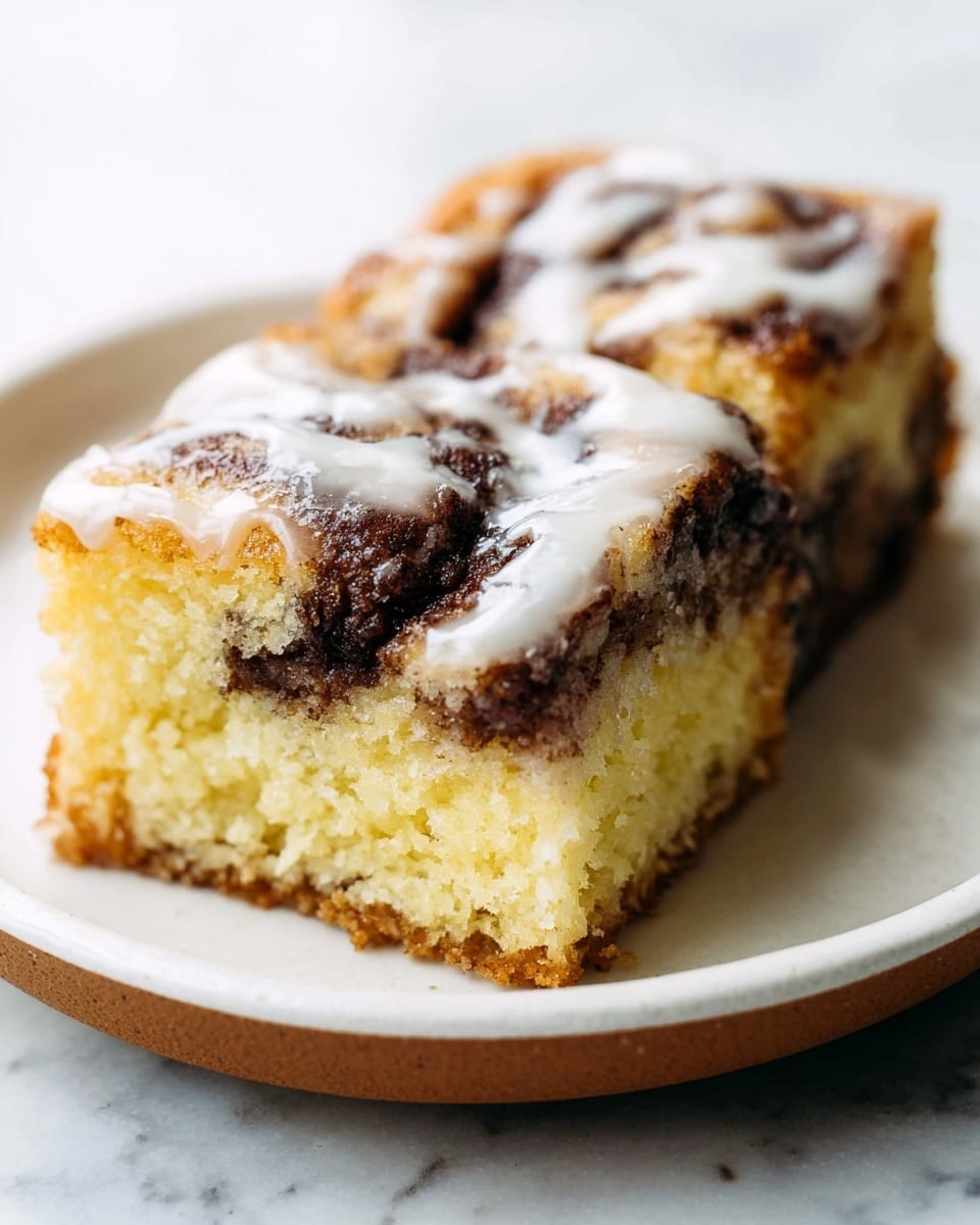 The image shows two square pieces of cinnamon cake with three visible layers: the bottom layer is light yellow with a soft, crumbly texture; the middle layer is dark brown cinnamon swirl with a slightly rough texture; the top layer has a thick white glaze dripping down, covering most of the surface. The cake sits on a white plate with a thin brown edge, placed on a white marbled surface. Photo taken with an iphone --ar 4:5 --v 7