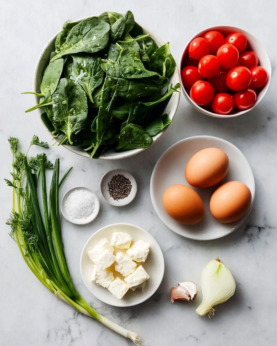 The image shows a white marbled surface with fresh ingredients arranged neatly. There is a white bowl at the top filled with dark green fresh spinach leaves. To the right of it is another white bowl filled with bright red cherry tomatoes. Below the bowls, there are three brown eggs placed side by side. Next to the eggs, a small white dish contains salt and black pepper. Below this dish, a white plate holds white chunks of cheese. To the left of the eggs and cheese, there are fresh green parsley stems, and to the far right, a fresh whole green onion and a small clove of garlic lie on the surface. photo taken with an iphone --ar 4:5 --v 7