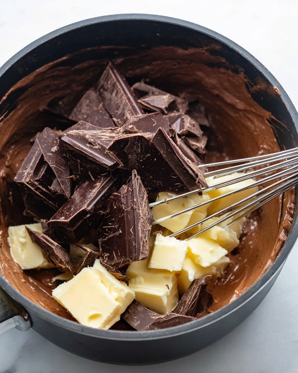 Inside a dark cooking pot, there is a thick brown chocolate mixture that almost fills the bottom and sides. On top of this base layer, there are large chunks of dark chocolate, rich and glossy with sharp edges, scattered unevenly. Mixed within the dark chocolate pieces, there are smaller, smooth squares of creamy white butter that start to melt, showing soft yellow hints. A metal whisk with thin wires is partially buried in the chocolate chunks, ready to blend everything. The pot sits on a white marbled surface. photo taken with an iphone --ar 4:5 --v 7