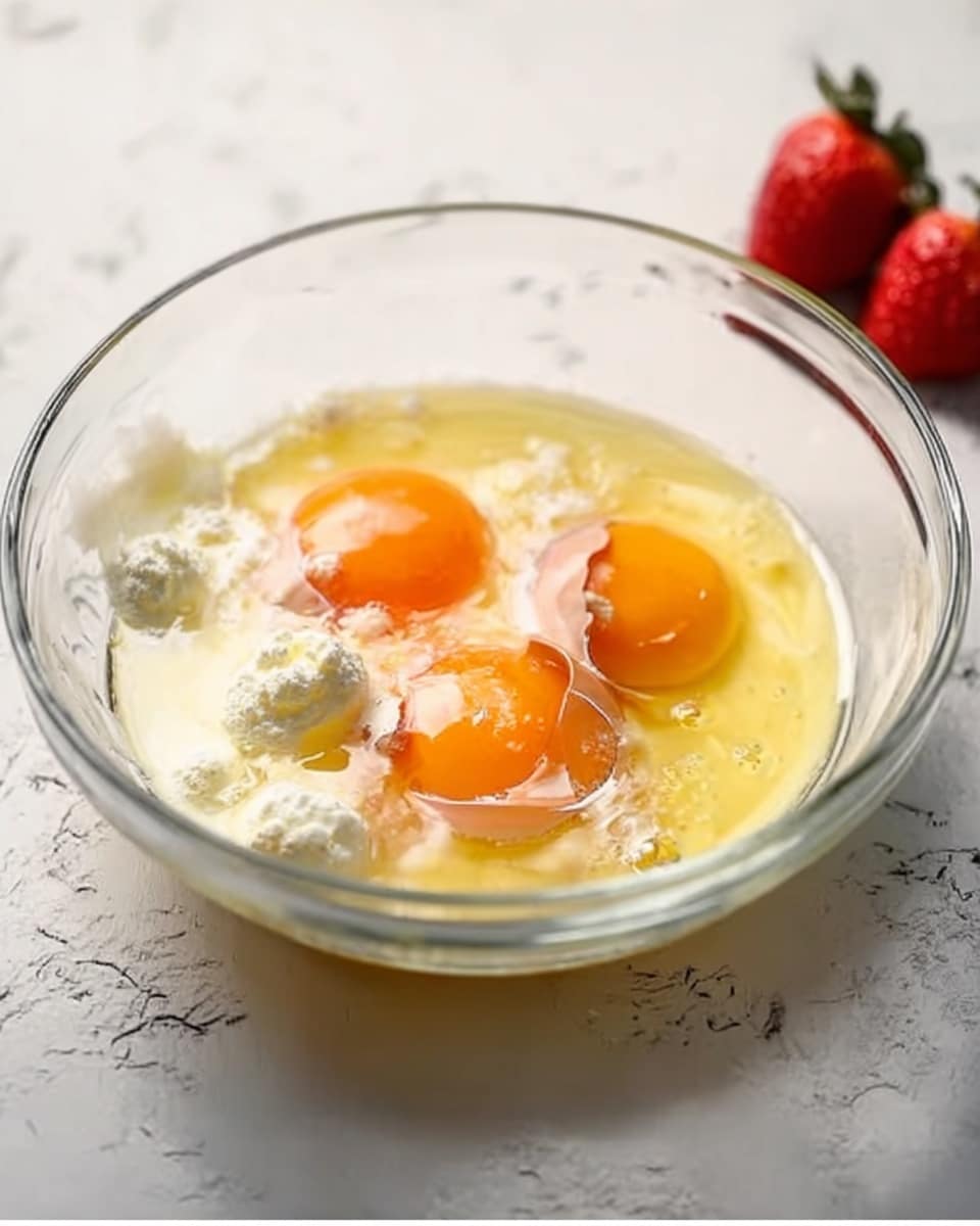 A clear glass bowl is placed on a white marbled surface, holding three cracked eggs with bright orange yolks and translucent whites visible. Around the eggs, there is a splash of milk and a few small lumps of soft white butter melted and spread across the mixture. In the background, a few fresh red strawberries rest slightly out of focus. photo taken with an iphone --ar 4:5 --v 7