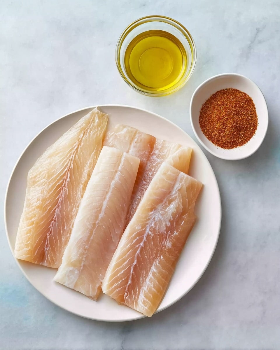 The image shows a white plate on a white marbled surface holding four pieces of raw light pink fish fillets arranged in two rows. In the top left of the plate, there is a small glass bowl filled with golden yellow oil, and in the lower right of the plate, there is a small white bowl containing reddish-brown seasoning powder. The textures of the fish fillets are smooth and slightly shiny, with some natural lines and grooves visible. Photo taken with an iphone --ar 4:5 --v 7