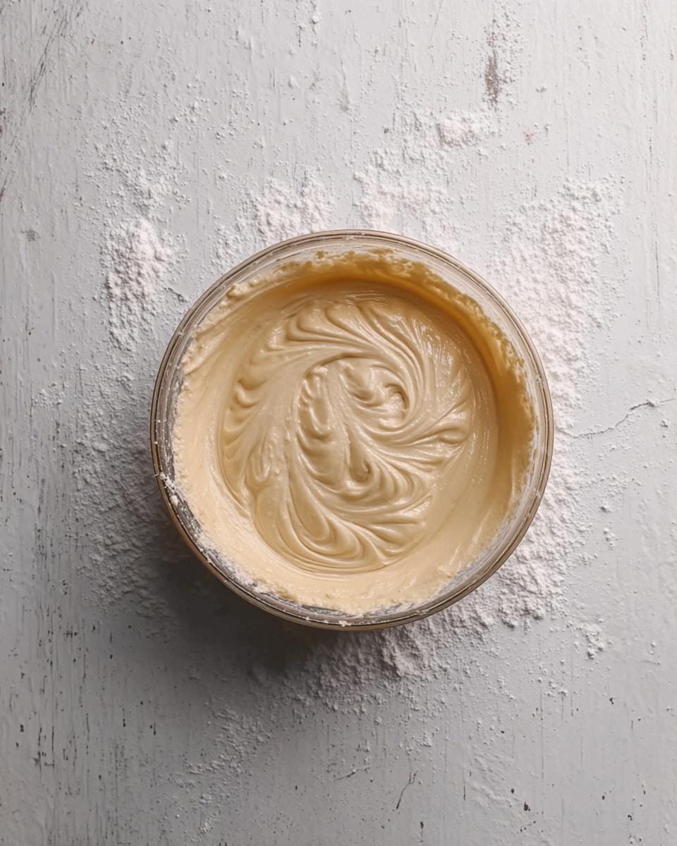 A clear glass bowl filled with a thick, creamy light beige mixture with smooth, swirling patterns on the surface. The bowl is placed on a white marbled textured surface, with some scattered white powder around it. The mix looks soft and dense, filling the bowl almost to the top. Photo taken with an iphone --ar 4:5 --v 7