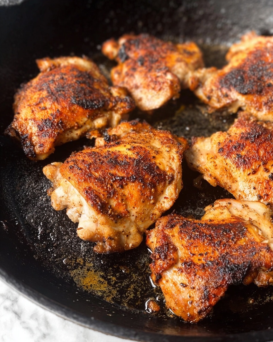 A close-up view of five pieces of cooked chicken with a golden brown and lightly charred skin, arranged randomly in a black cast iron pan. The chicken has a slightly crispy, textured surface with darker burnt spots spread unevenly across each piece. The pan itself has some residual oil and bits from cooking, adding a rustic feel to the image. The background is a white marbled texture. Photo taken with an iphone --ar 4:5 --v 7