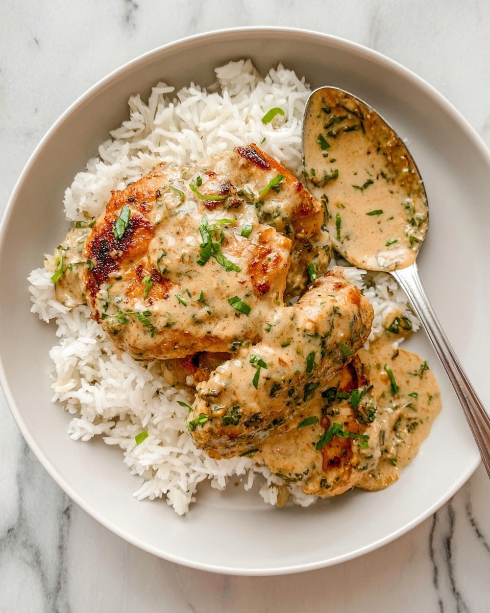 A white plate with a base layer of fluffy white rice topped with two pieces of grilled chicken covered in a creamy sauce with green herbs mixed in. The chicken has a light brown color with some char marks and the sauce looks smooth and slightly shiny. A metal spoon rests on the right side of the plate, holding more of the creamy sauce. The setting is on a white marbled surface. photo taken with an iphone --ar 4:5 --v 7