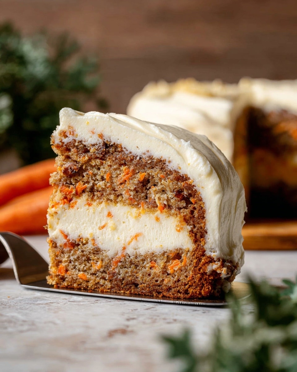 The image shows a slice of carrot cake with cream cheese frosting. The slice has three main layers: a light brown cake layer with visible small orange carrot bits, a thick middle layer of creamy white cheese filling, and a top layer of smooth white frosting with a slightly fluffy texture. The cake slice sits on a flat metal spatula, against a blurred background with a wooden surface below and some green leaves in the foreground, all placed on a white marbled texture. Photo taken with an iphone --ar 4:5 --v 7