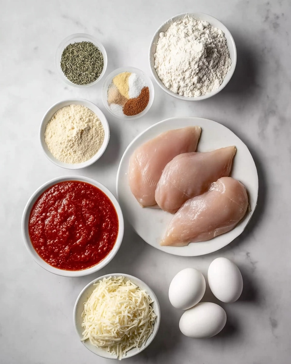 The image shows six groups of ingredients placed on a white marbled surface. On the top left is a white bowl with piles of dried green herbs, white granules, and yellowish and brown powders. Below it is a small white bowl filled with white flour. To the right of these, three white eggs are arranged in a triangle shape. Below the eggs, there is a white plate holding three raw light pink chicken breasts, evenly spaced. Below the chicken, a white bowl contains shredded white cheese, and on the bottom left, a white bowl holds thick red tomato sauce. The photo taken with an iphone --ar 4:5 --v 7