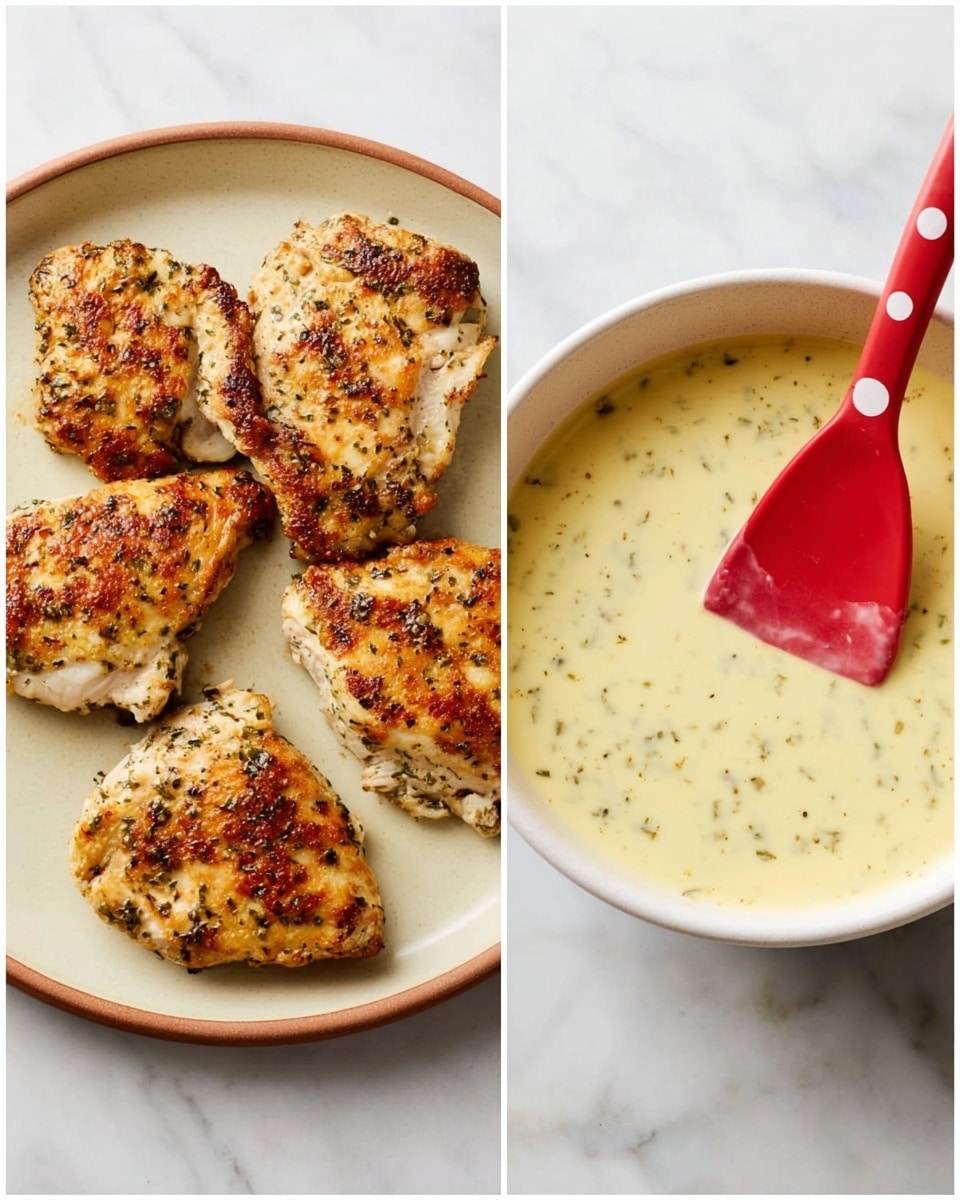 A light beige round plate holds four cooked pieces of chicken laid out with some space between each, showing a slightly browned and herb-speckled surface with varied golden and light brown shades and a juicy texture. Next to it, there is a white round bowl filled with creamy light yellow sauce that has subtle green herb flecks mixed throughout, with a red spatula that has white dots resting inside it. Both dishes sit on a white marbled surface. Photo taken with an iphone --ar 4:5 --v 7
