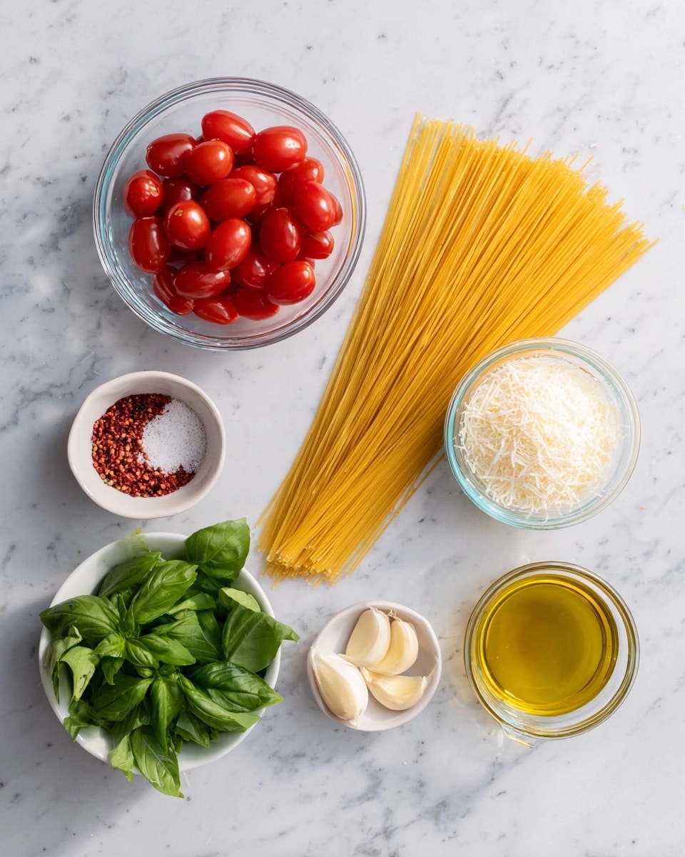 The image shows ingredients for a pasta dish arranged on a white marbled surface. Starting from the top left, there is a clear glass bowl filled with small, red cherry tomatoes. Next to it on the right is a small glass bowl with white grated cheese. To the right of the cheese is a neat bundle of dry uncooked yellow spaghetti, fanned out slightly. Below the cheese and spaghetti, there is a small glass bowl with red chili flakes and salt. On the bottom left, a white bowl contains fresh green basil leaves. To the right of the basil, there is a small glass bowl with three peeled garlic cloves. Finally, at the bottom right, there is a clear glass bottle filled with golden olive oil. All elements are clearly visible with simple and natural colors, arranged neatly in a flat lay style photo taken with an iphone --ar 4:5 --v 7
