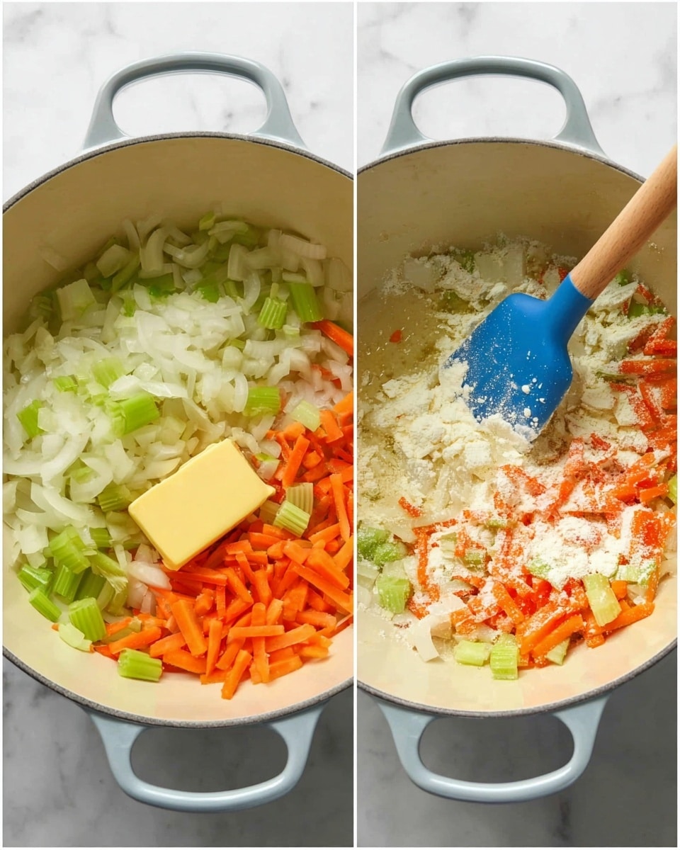 A white pot on a white marbled surface shows chopped white onions, light green celery, and thin orange carrot sticks grouped around a rectangular piece of yellow butter on one side. In the next scene, the same pot contains the softened vegetables mixed with white flour sprinkled on top, being stirred by a bright blue spatula. The colors of the vegetables remain distinct with the soft flour dusted unevenly over them. photo taken with an iphone --ar 4:5 --v 7