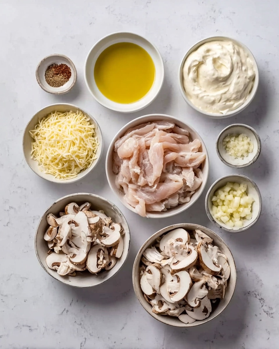 The image shows eight white bowls arranged on a white marbled surface, each filled with different ingredients. In the top right bowl, there is a thick, creamy white substance. Next to it on the left is a small bowl of olive oil, bright yellow and shiny. Below that is a bowl with shredded cheese, pale yellow and finely grated. Below the cheese is a larger bowl filled with raw, smooth pale pink meat strips. To the bottom right, there is a large bowl of sliced mushrooms, light brown with white stems. To the left of the mushrooms is a small bowl of minced garlic, pale yellow. Above the garlic, there is a bowl of finely chopped white onions. On the top left corner, two small bowls contain one with a dark brown spice mix and the other with a light olive oil. Photo taken with an iphone --ar 4:5 --v 7