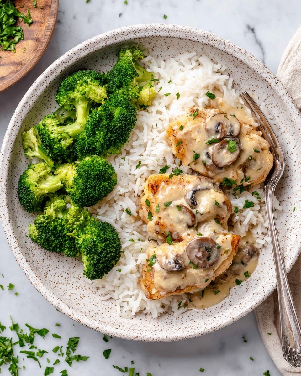 A white speckled round plate holds a serving of food arranged in three main parts. On the bottom left side is a bed of fluffy white rice topped with three pieces of golden-brown cooked chicken coated in a creamy light-colored mushroom sauce with small brown mushroom slices visible, garnished with small pieces of green parsley. To the right of the rice is a cluster of bright green broccoli florets, fresh and vibrant. A silver fork rests on the bottom right edge of the plate. The plate is set on a white marbled surface with some chopped green herbs scattered nearby. Photo taken with an iphone --ar 4:5 --v 7