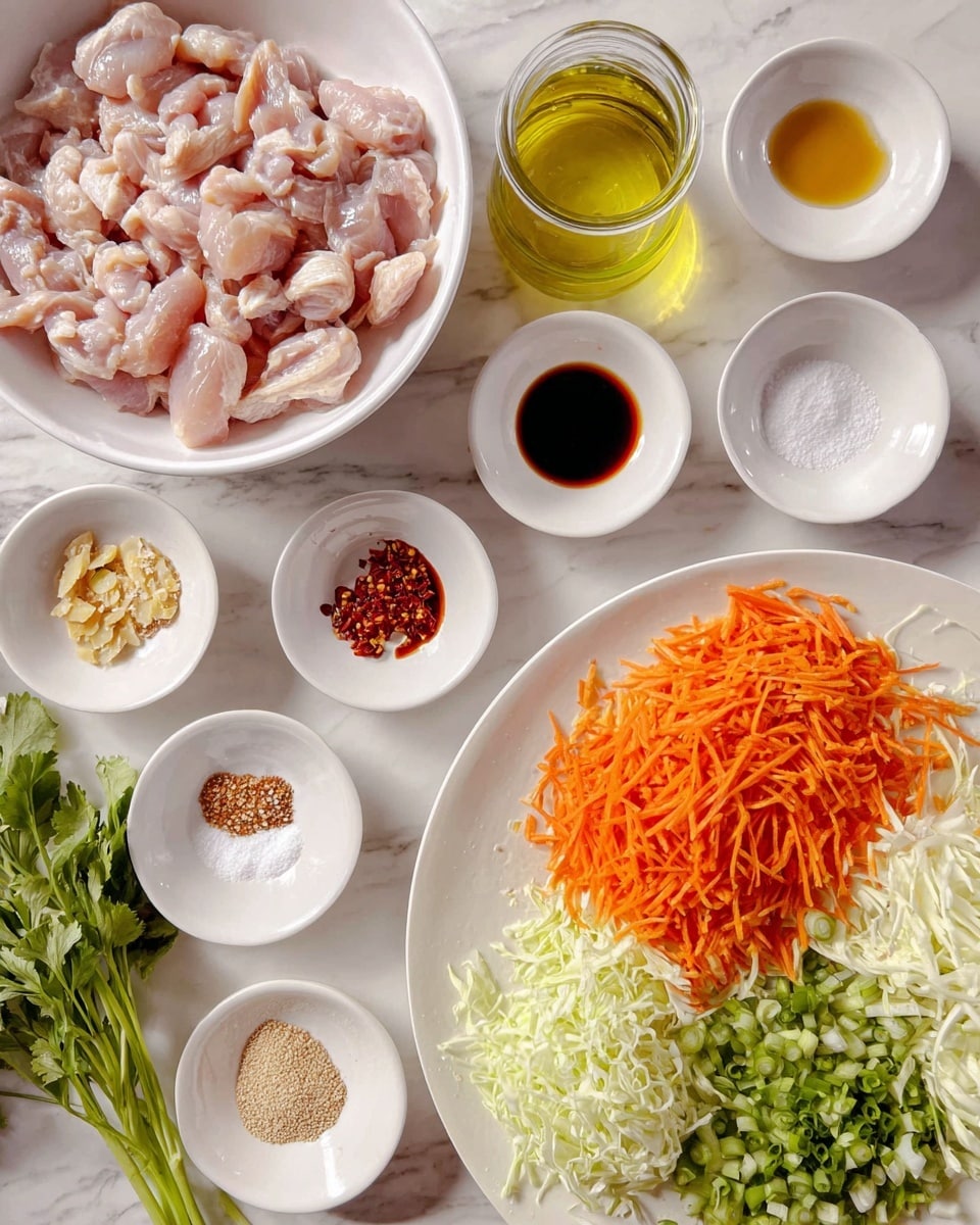 This image shows many ingredients on a white marbled surface. In the top left, there is one large white bowl full of small raw pink chicken pieces with smooth textures. Below the bowl, there is a glass jar with clear yellow oil. Moving right and down, there are eight small white bowls arranged neatly, each holding different ingredients: light brown liquid, chopped garlic and ginger (pale yellow), golden liquid, dark soy sauce, tiny white powder, bright red chili flakes, white powder, and beige sesame seeds. At the bottom center is a large white plate with three separate piles: finely shredded bright orange carrots on the left, chopped light green scallions on the right, and shredded pale green cabbage at the front. Fresh green herbs are placed at the bottom left corner. photo taken with an iphone --ar 4:5 --v 7