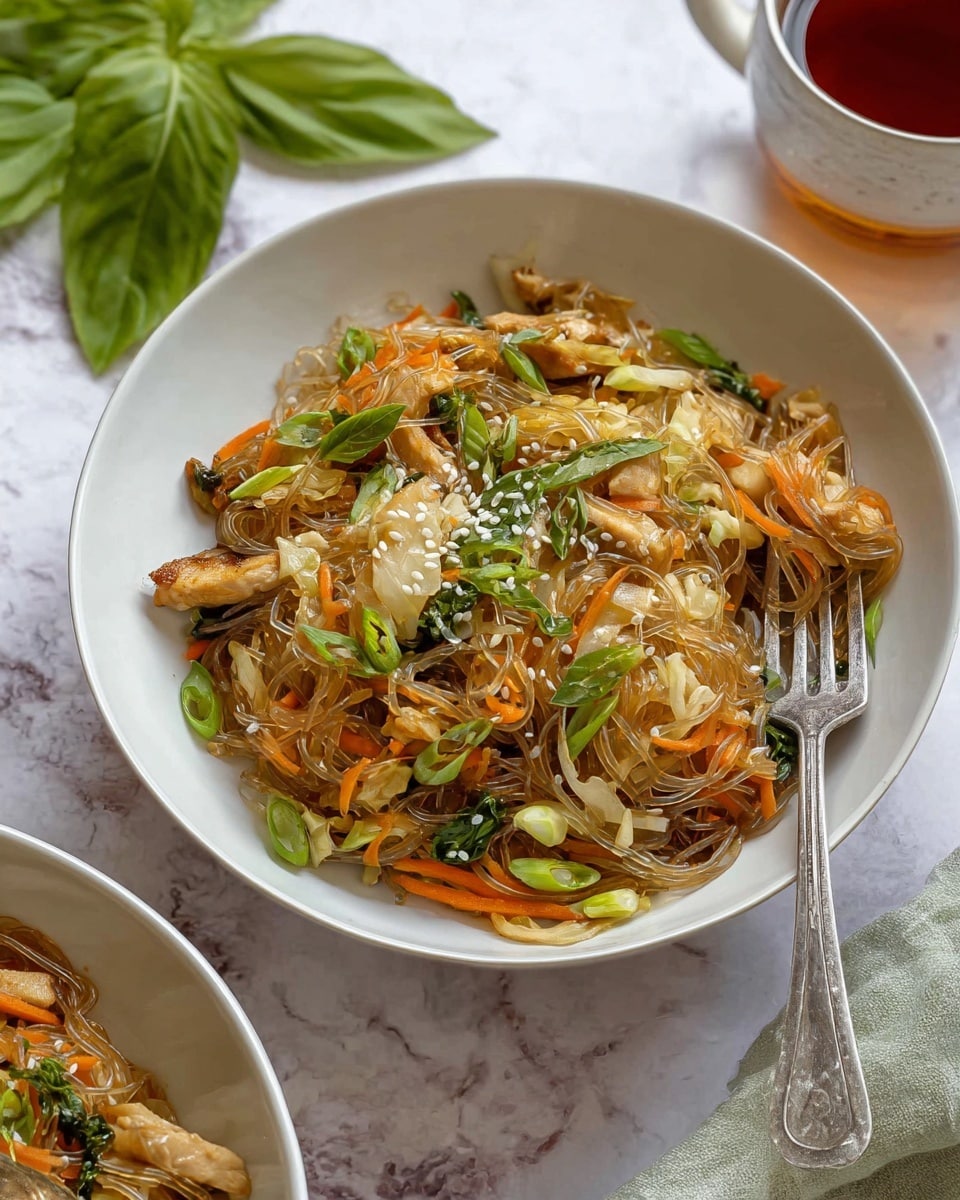 The dish features transparent, light brown glass noodles mixed with orange shredded carrots, light green cabbage pieces, and small brown mushrooms. Scattered on top are golden brown cooked chicken pieces, chopped green onions, sesame seeds, and fresh green basil leaves. A silver fork rests on the right side of the white bowl, holding some noodles and vegetables. The background shows a white marbled texture with some green leaves and a cup of tea nearby. Photo taken with an iphone --ar 4:5 --v 7