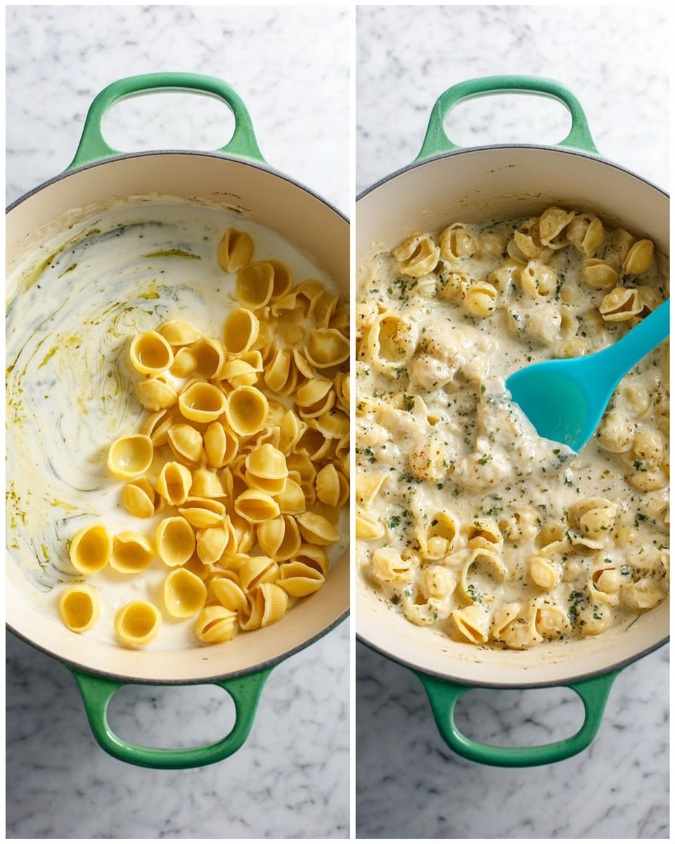 A white pot with a green handle sits on a white marbled surface, containing pasta and sauce being cooked. In the left image, the pot has three layers: a creamy white liquid sauce with swirls of green herbs and melted butter at the bottom, and dry yellow pasta shells placed on top. In the right image, the same pot now shows the pasta fully mixed into a creamy, light beige sauce with green herb specks, thickly coating the pasta shells. A turquoise spoon is stirring the creamy pasta inside the pot. photo taken with an iphone --ar 4:5 --v 7