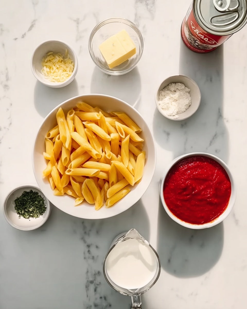 The image shows a white bowl filled with uncooked yellow penne pasta placed on a white marbled surface. Around the bowl are six small white bowls and a clear measuring cup, each filled with different ingredients: one bowl holds butter, another has minced garlic, a third bowl contains green herbs, the fourth has tomato paste, and the fifth is filled with red marinara sauce. The clear measuring cup contains a white creamy liquid, likely milk. An open can of red tomato sauce with its lid still attached is also visible in the top right corner. The setting has bright, natural lighting, creating soft shadows. photo taken with an iphone --ar 4:5 --v 7