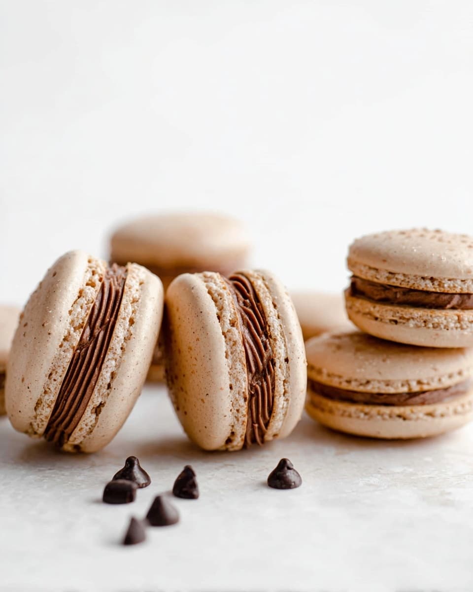 The image shows six light brown macarons arranged in a loose row on a white marbled surface. Each macaron has two smooth, round shells with a slight sheen and a slightly crinkled edge, sandwiching a swirl of darker brown chocolate filling that is thick and creamy. There are scattered small, dark chocolate chips around the macarons. The background is clean and white, providing a simple and bright setting that highlights the texture and color of the macarons. photo taken with an iphone --ar 4:5 --v 7