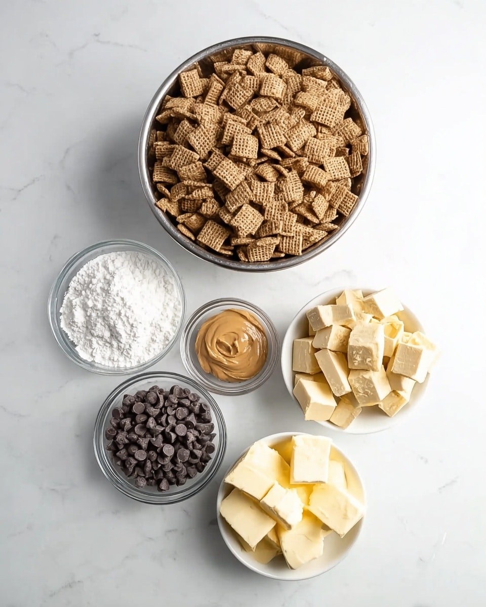 The image shows a white marbled surface with a gray metal bowl filled with small, square brown cereal pieces, positioned at the center top. Below the bowl, there are four small clear glass and white bowls arranged in a loose semicircle: one contains white powdered sugar, one holds creamy light brown peanut butter, one is filled with dark brown chocolate chips, and the last white bowl has several cubes of pale yellow butter. The setup is clean and organized with all ingredients visible from above. Photo taken with an iphone --ar 4:5 --v 7