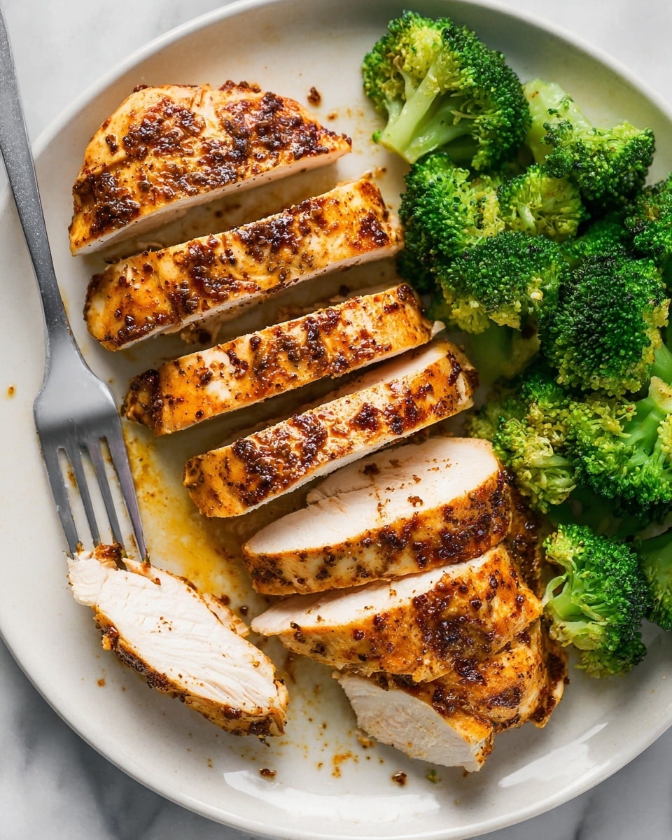 The image shows a white plate with several thick slices of cooked chicken arranged in the center. The chicken has a golden brown color with dark seasoning specks on top, giving it a textured look. To the right of the chicken, there are bright green broccoli florets with a fresh and slightly rough texture. At the bottom left, a silver fork holds one piece of chicken. The plate sits on a white marbled surface, and there is a slight glossy shine from the chicken juices around the food. photo taken with an iphone --ar 4:5 --v 7