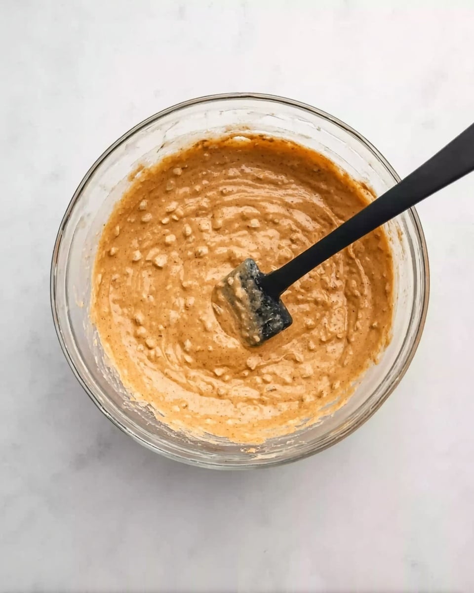 A clear glass mixing bowl filled with a thick, light brown batter that has visible small lumps, sitting on a white marbled surface. Inside the bowl is a black spatula partially submerged in the batter, positioned in the right half of the bowl. The texture of the batter looks creamy with some grainy bits throughout. The overall setting is bright and clean. Photo taken with an iphone --ar 4:5 --v 7