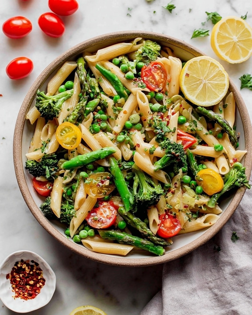A large light brown bowl filled with creamy penne pasta mixed with green peas, bright green broccoli florets, and asparagus pieces. There are sliced yellow bell peppers, halved red cherry tomatoes, and fresh green herbs scattered on top. A couple of lemon wedges sit on the edge of the bowl. Around the bowl are a few whole cherry tomatoes and a small white bowl with red chili flakes on a white marbled surface. A light gray cloth is partially under the bowl. photo taken with an iphone --ar 4:5 --v 7
