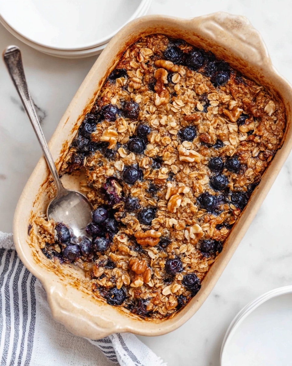 A baked oat dish is shown in a beige ceramic baking dish, filled with a thick, golden-brown oat mixture studded with whole blueberries that have burst and darkened during baking. The top layer is textured with visible oats and scattered walnuts, creating a rough and crunchy surface. A silver spoon rests inside the dish, partially scooping out a portion from one corner, revealing a moist, dense interior with more blueberries inside. The dish is placed on a white marbled table, with a white plate partially visible at the bottom right and a striped cloth at the bottom left. Photo taken with an iphone --ar 4:5 --v 7