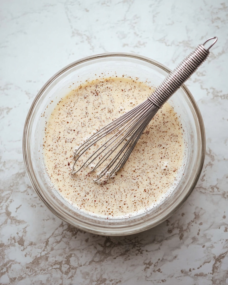 A clear glass bowl sits on a white marbled surface filled with a light beige liquid mixture dotted with small brown specks throughout. A silver metal whisk rests inside the bowl, slightly angled to the right, partially submerged in the mixture. The liquid shows small bubbles on the surface, giving it a slightly frothy texture. Photo taken with an iphone --ar 4:5 --v 7