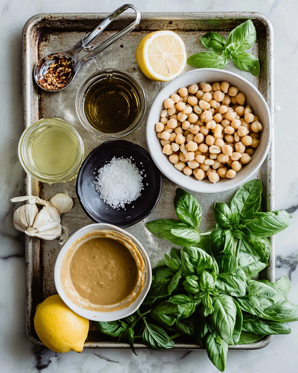 The image shows a metal tray holding several small bowls and fresh ingredients on a white marbled surface. In the top right, a white bowl is filled with light beige chickpeas, with some green basil leaves on top and around it. Below it, another white bowl contains pale pine nuts. Between these two bowls is a small black bowl with coarse white salt. Next to the salt bowl is a small white bowl filled with thick, tan tahini sauce. To the left of the tahini is a glass jar with a small amount of light yellow liquid, likely lemon juice, with some garlic cloves beside it. In the bottom left corner is a clear glass jar of dark brown olive oil and a half lemon with bright yellow flesh visible. A bunch of fresh green basil leaves is scattered between the bowls and across the tray. At the top left, a silver measuring spoon with chili flakes rests on the tray. The photo was taken with an iphone --ar 4:5 --v 7
