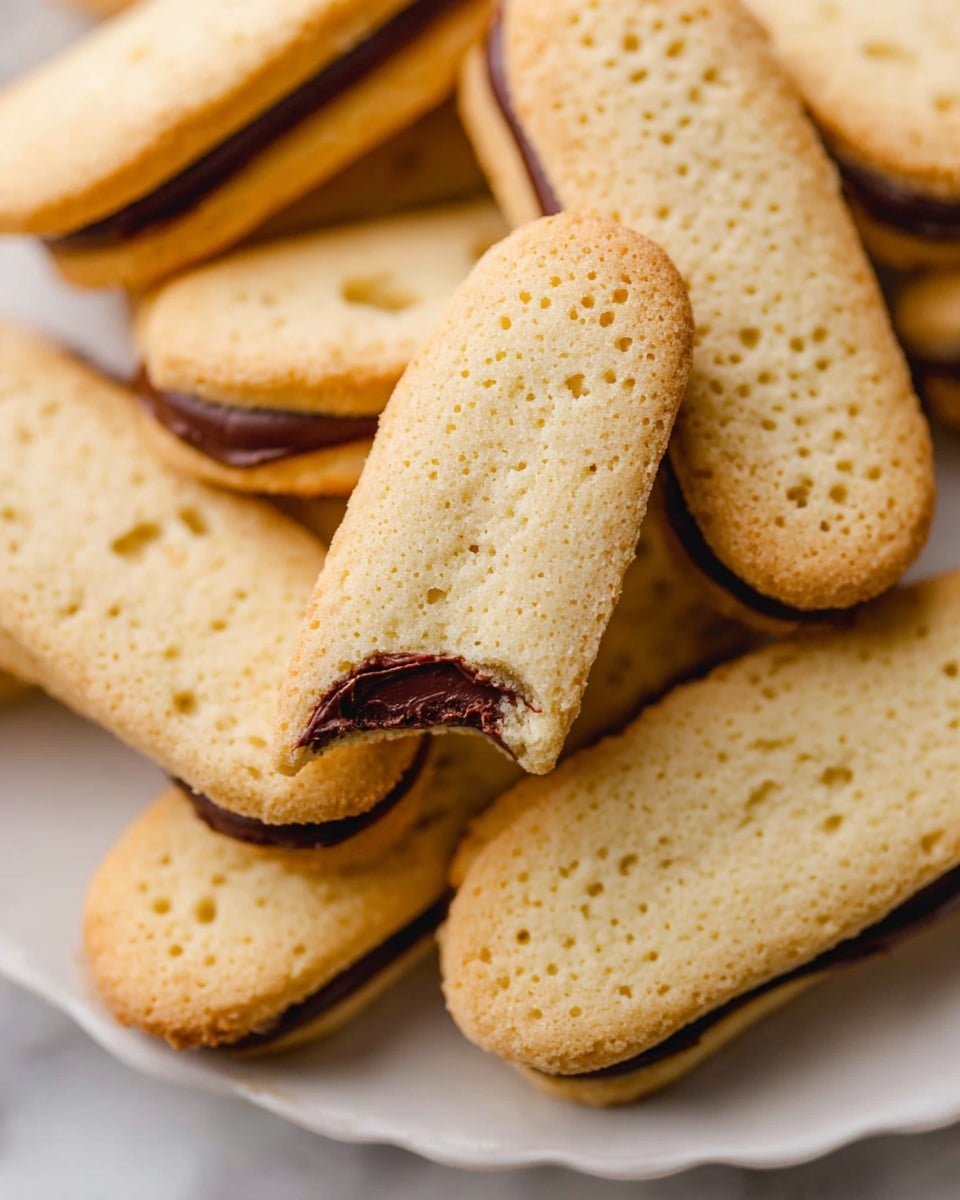 A close-up view of several ladyfinger cookies stacked on a white plate with a white marbled background. Each cookie has two layers: a light golden, slightly porous top layer with small holes and a darker thin layer of chocolate filling sandwiched in between. One cookie in the center is bitten, showing the soft texture of the light golden biscuit and the smooth dark chocolate layer inside. The cookies are arranged casually, some lying flat and some leaning on each other, emphasizing their length and narrow shape. photo taken with an iphone --ar 4:5 --v 7