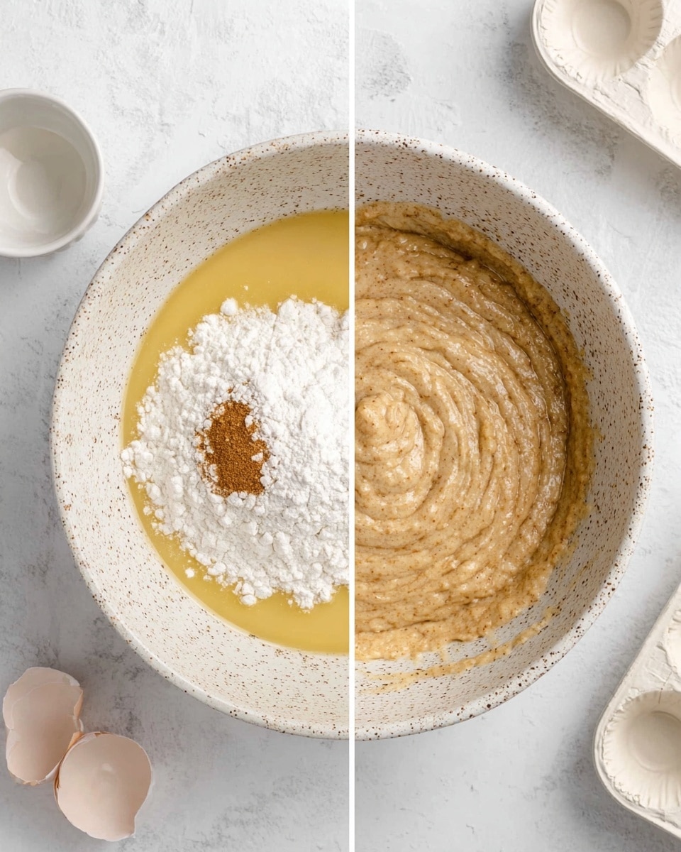 The image shows two side-by-side views of a white speckled ceramic mixing bowl on a white marbled surface. On the left side, the bowl is filled with layers of ingredients: a base layer of smooth yellow liquid, topped with a pile of white flour, and a small heap of brown spice in the center. On the right side, the same bowl holds a thick, light brown batter that is slightly textured and creamy, with visible swirls from stirring. In the background, there are a few empty white bowls, some broken eggshell halves, and a white muffin tray. Photo taken with an iphone --ar 4:5 --v 7