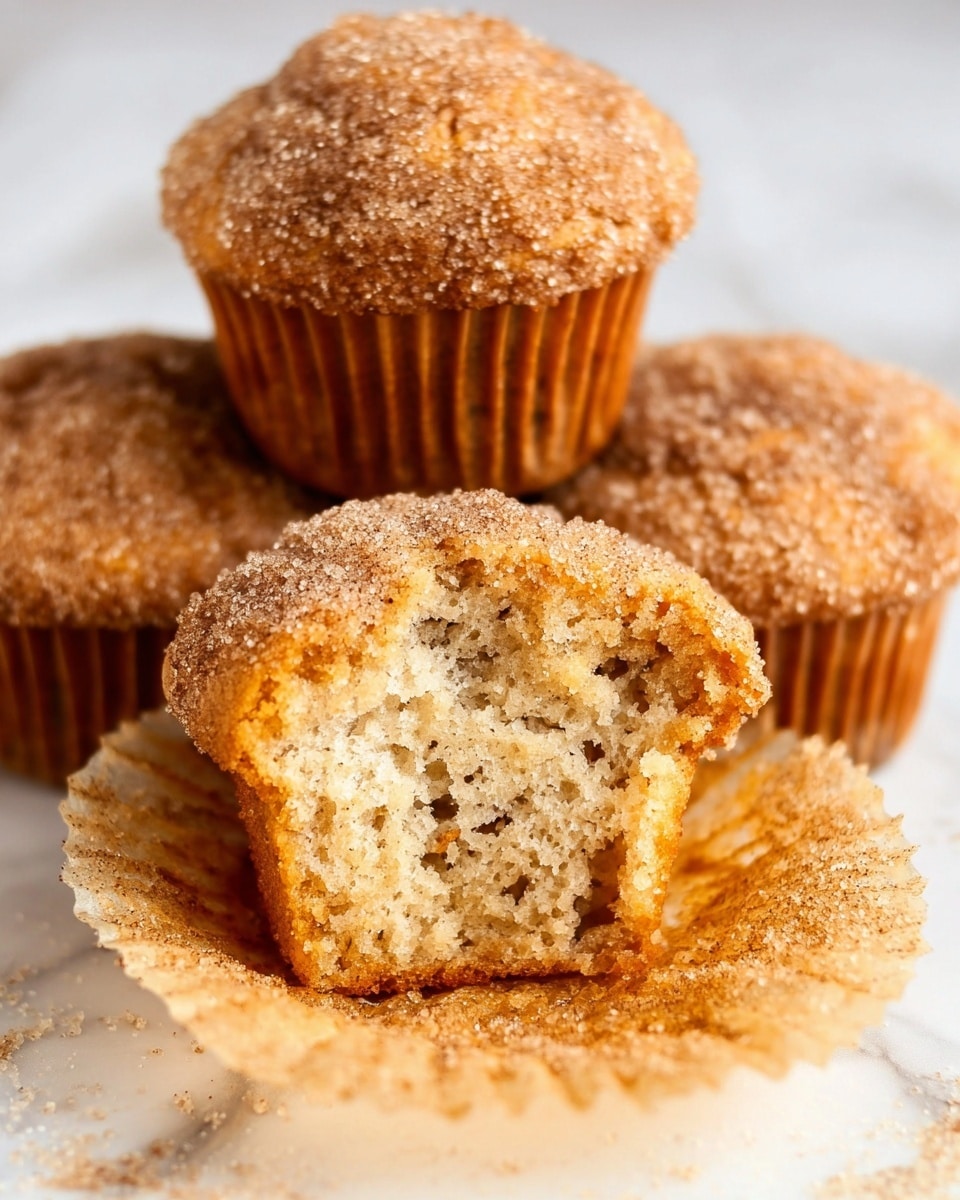 The image shows four muffins with a golden brown crumbly sugar topping, arranged close together on a white marbled surface. The front muffin is open to show its light beige, moist, and fluffy interior with tiny dark specks throughout, while the paper liner sits peeled back beneath it. The muffins have a slightly rough texture on top with a visible sugar coating that sparkles softly. The back muffins remain whole, highlighting their rounded tops and sugar-covered crust. photo taken with an iphone --ar 4:5 --v 7