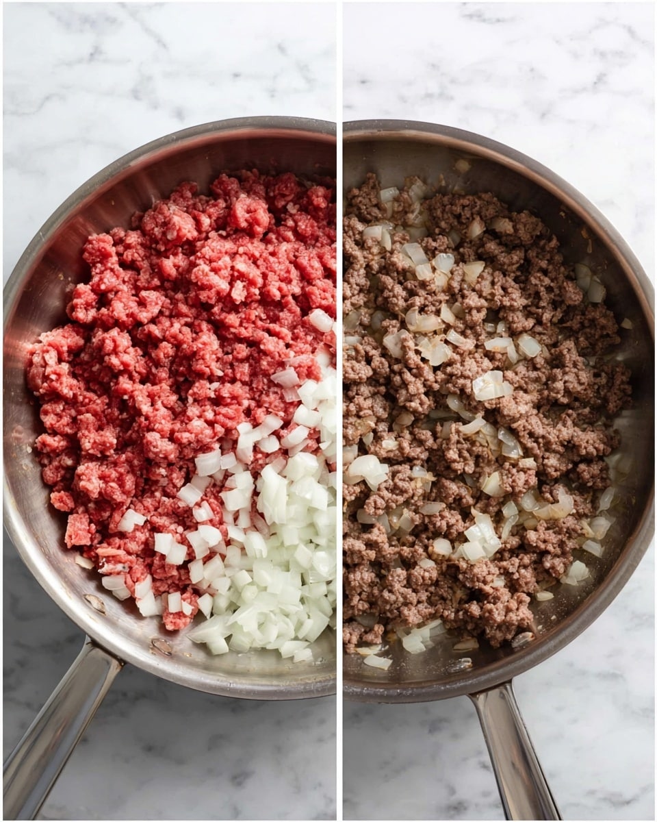 Two side-by-side images show steps of cooking ground beef with onions in a shiny metal pan on a white marbled surface. The left image has one layer of raw red ground beef with chopped white onions scattered over and mixed in. The right image shows one layer of cooked brown ground beef with softened translucent onions evenly mixed in, filling the pan. The edges of the pan are clean, highlighting the cooking process photo taken with an iphone --ar 4:5 --v 7