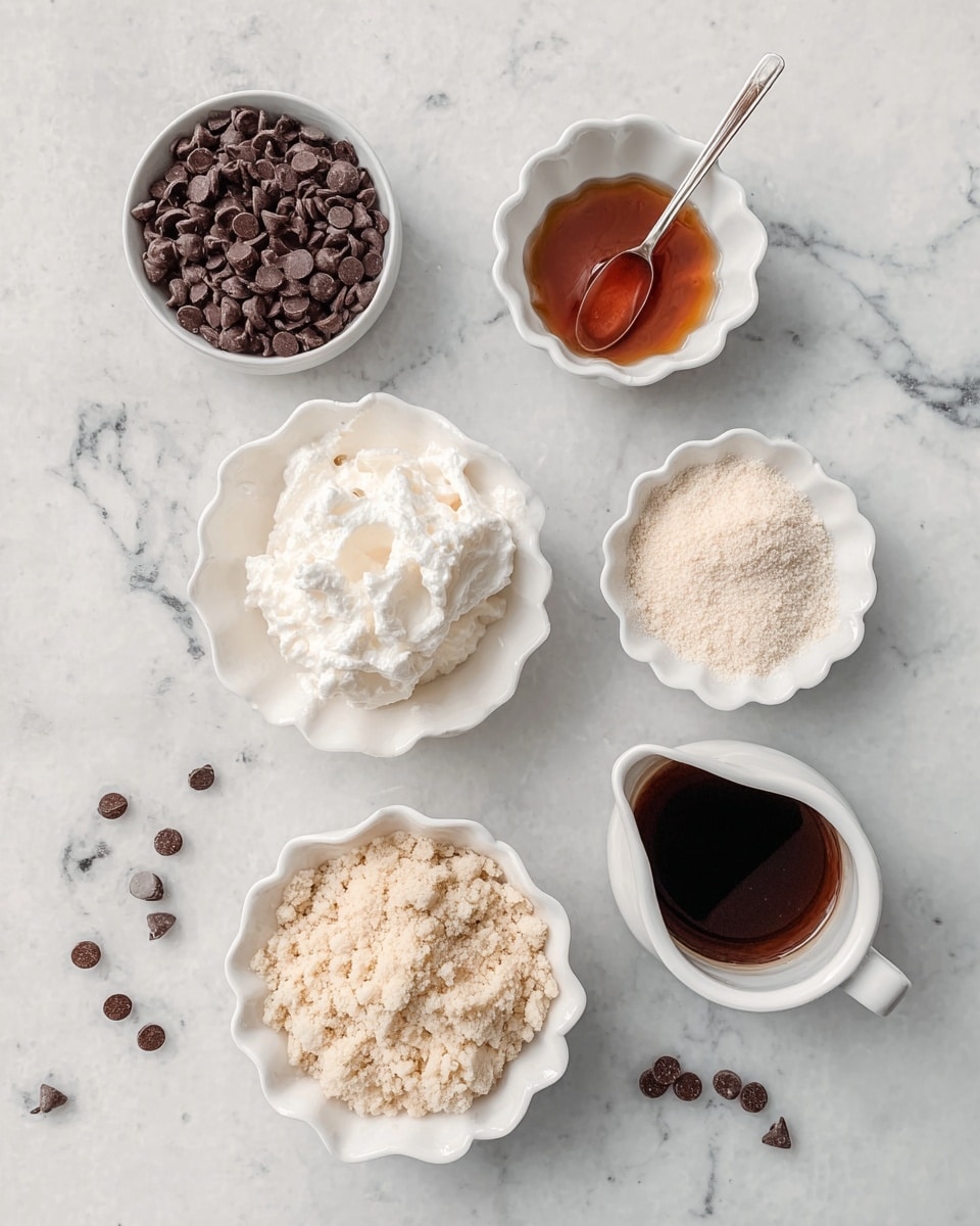 The image shows six bowls with different ingredients placed on a white marbled surface. The top left bowl contains small dark brown chocolate chips. To its right, there is a small white bowl with a dark amber liquid and a white spoon inside. Below the chocolate chips, there is a white bowl shaped like a flower containing a white fluffy ingredient that looks like whipped cream or a similar texture. Next to the whipped ingredient, the middle bowl contains a fine light beige powder, and below it, a white flower-shaped bowl filled with a crumbly pale brown ingredient. To the right of the crumbly mixture, there is a small white pitcher filled with a dark brown syrup-like liquid. Some chocolate chips are scattered on the white marbled surface. The lighting is soft, and the overhead view shows the textures and colors clearly photo taken with an iphone --ar 4:5 --v 7