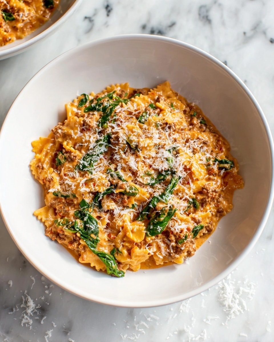 A white bowl holds a creamy pasta dish with three main layers visible. At the bottom, a bed of tender pasta mixed in a smooth light orange sauce with a soft texture spreads evenly. The middle layer has bits of brown ground meat mixed through the pasta, adding a coarse texture. Interspersed green spinach leaves add a fresh contrast to the dish. The top layer is sprinkled with fine white grated cheese, giving a slightly fluffy look. The bowl rests on a white marbled surface, and scattered cheese bits are visible around it. Photo taken with an iphone --ar 4:5 --v 7