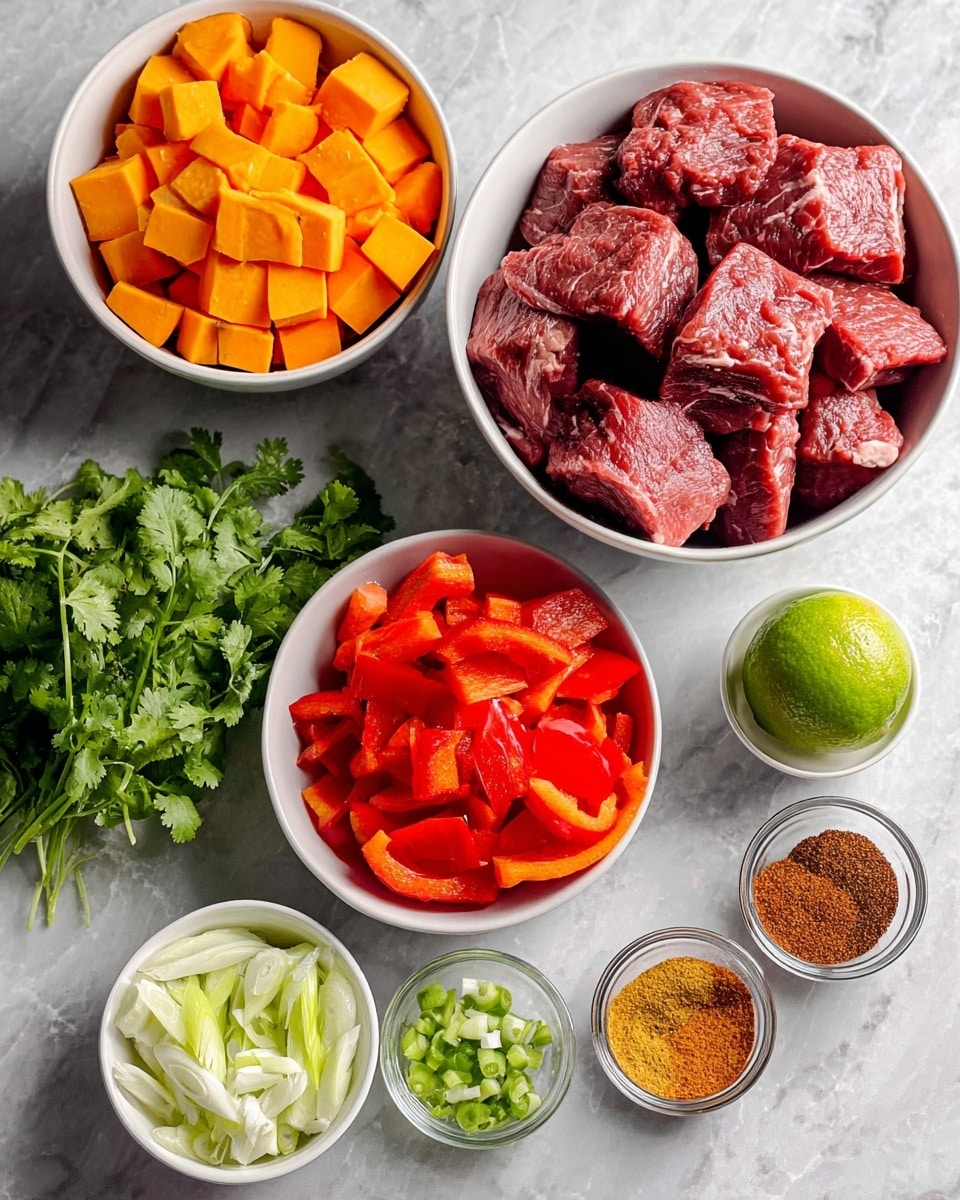 The image shows six separate white bowls and one lime arranged on a white marbled surface. The largest white bowl on the right side contains large chunks of raw red meat with some white fat streaks. To the top left of the meat bowl, another large white bowl is filled with cubed bright orange sweet potatoes. Below this bowl, there is a bunch of fresh green cilantro with delicate leaves. To the bottom left, a white bowl holds chopped red bell peppers with smooth textures. Next to that, another white bowl contains sliced green onions with light green and white parts. Finally, below the lime, a small white bowl is divided into five sections holding different powdered spices in dark brown, light tan, chili red, and greenish yellow colors. photo taken with an iphone --ar 4:5 --v 7