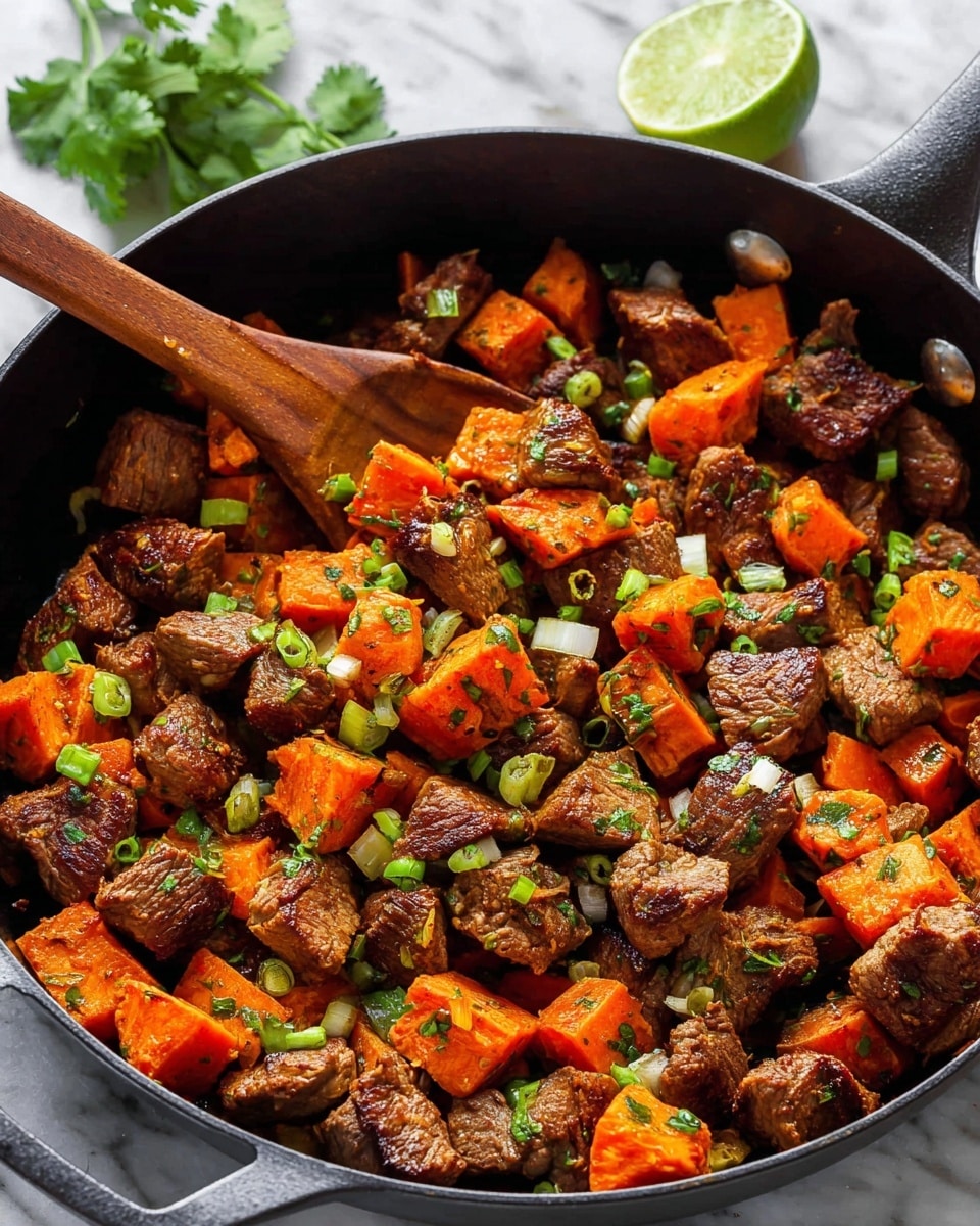 This image shows a black pan filled with cooked beef cubes and orange sweet potato cubes. The beef pieces are browned with a slightly rough texture, mixed evenly with soft-looking bright orange sweet potato cubes. Small green onion slices and chopped green herbs are scattered on top, adding a fresh color contrast. A wooden spoon is partially inside the pan, resting on the beef and sweet potatoes, and a lime halved with a few green herb leaves is visible in the background on a white marbled surface. Photo taken with an iphone --ar 4:5 --v 7