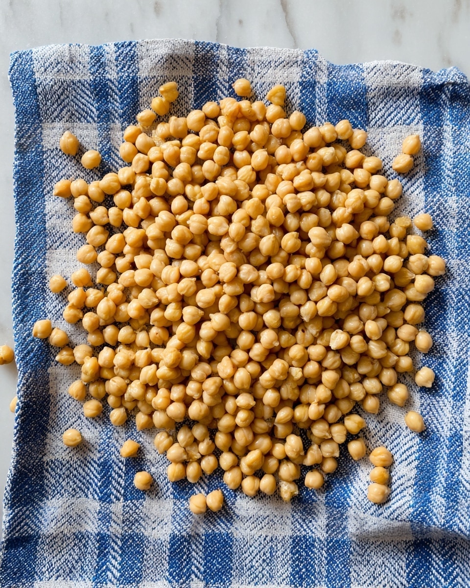 A pile of light yellow chickpeas spread evenly in a round shape on a blue and white checkered cloth, which is placed on a white marbled surface. The chickpeas are small, smooth, and round with a matte texture, filling most of the cloth area with some scattered around the edges. The blue squares on the cloth have a herringbone pattern, adding subtle texture under the chickpeas. photo taken with an iphone --ar 4:5 --v 7