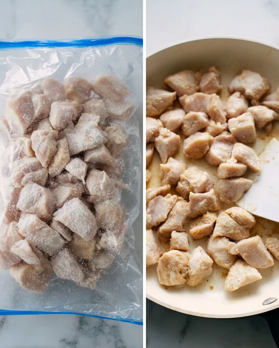 The image on the left shows many small pieces of raw chicken in a clear plastic bag, coated lightly with flour and the bag is open at the top. The image on the right shows the chicken pieces cooking in a white frying pan, with each piece turning white and light golden brown on the edges, and a white spatula is visible on the right side of the pan. Both images rest on a white marbled surface. photo taken with an iphone --ar 4:5 --v 7