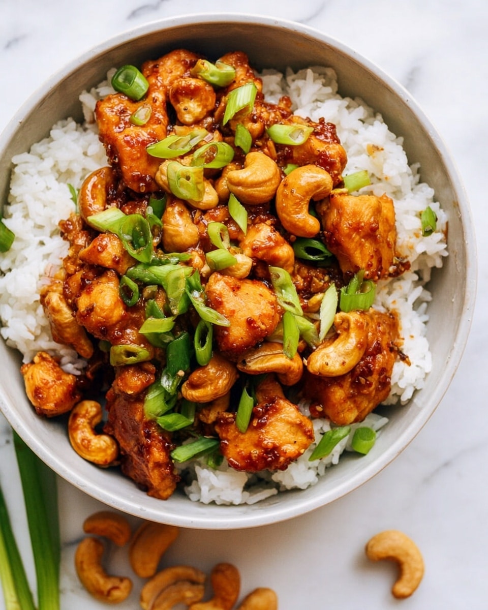 A white bowl filled with a base layer of fluffy white rice topped with golden-brown, saucy chunks of cooked chicken mixed with whole roasted cashews. Bright green sliced scallions are scattered across the chicken, adding a fresh contrast. The bowl sits on a white marbled surface, with some cashews and scallions placed around for decoration. photo taken with an iphone --ar 4:5 --v 7