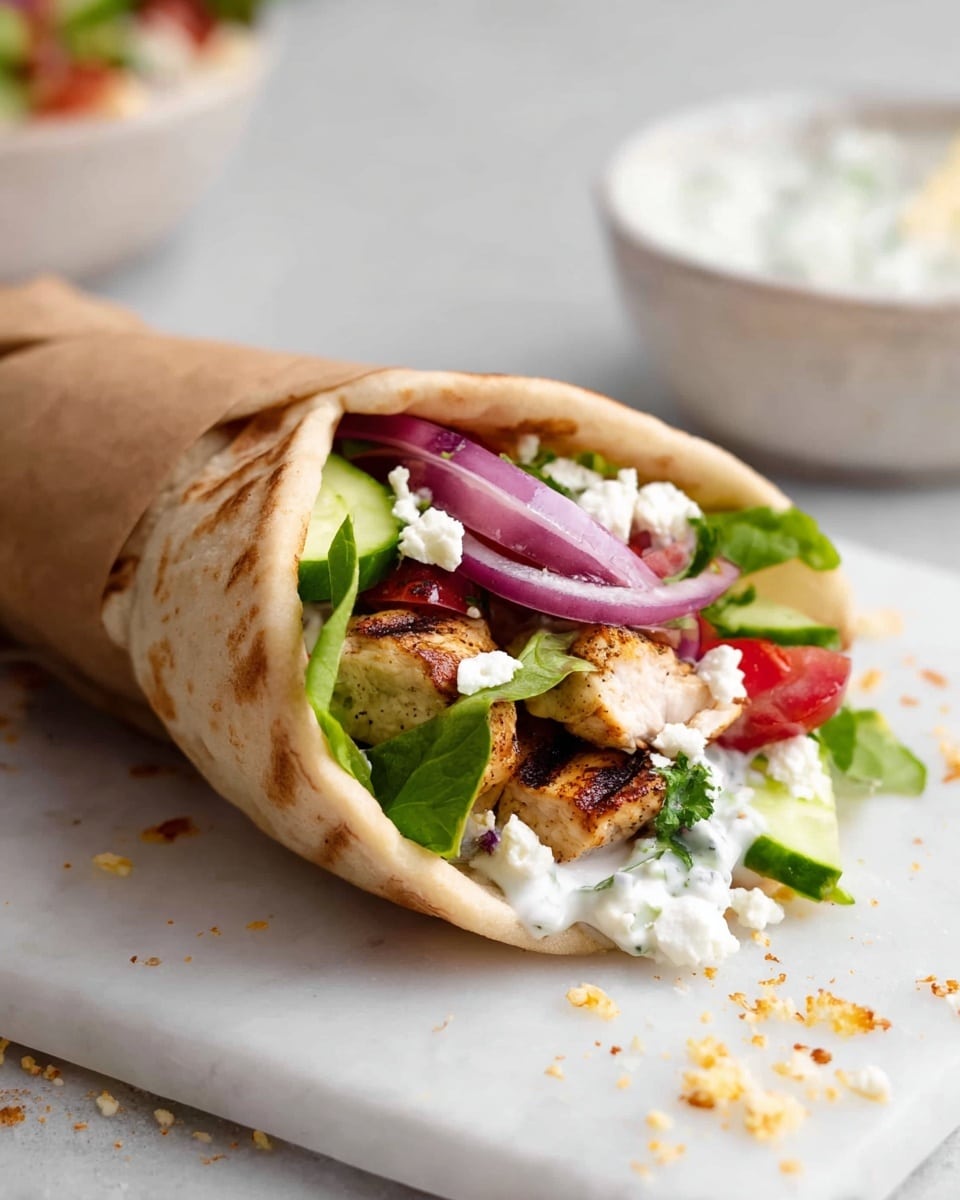 A soft, light brown pita wrap is folded around layers of food, starting with fresh green leaves and white creamy sauce at the base, topped with grilled golden-brown chicken pieces, thin slices of red onion, bright green cucumber, small red tomato pieces, and white crumbly cheese scattered on top and around the wrap. The wrap is placed on a white marbled surface with some cheese crumbs scattered nearby, and in the background, there is a white bowl with some creamy sauce. photo taken with an iphone --ar 4:5 --v 7