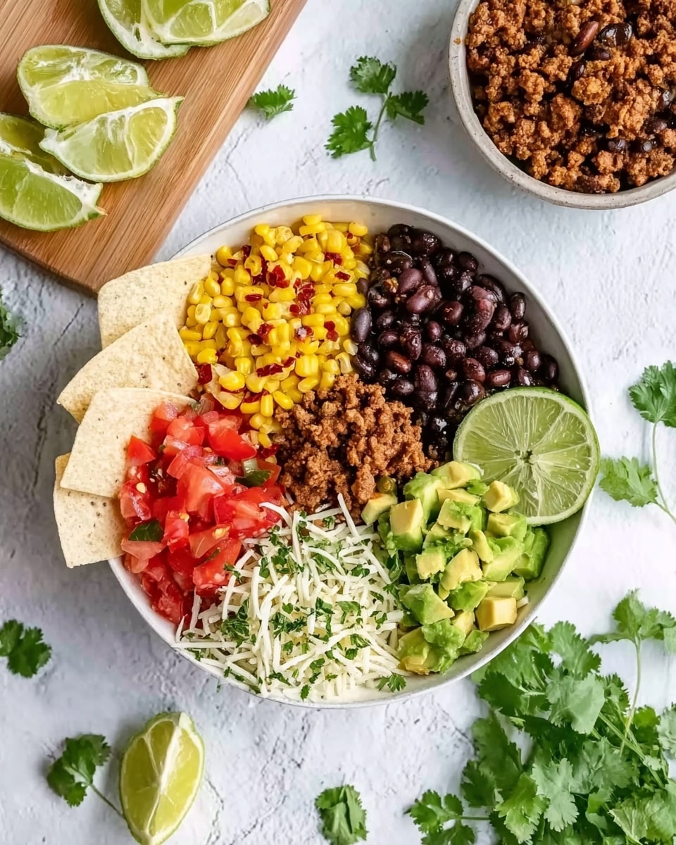 The image shows a white bowl filled with five layers of colorful food arranged in sections: yellow corn with red chili flakes on the left, black beans next to it, bright red chopped tomatoes in the top middle, light green diced avocado on the top right, and shredded white cheese mixed with herbs on the bottom right. In the center is a small mound of cooked brown ground meat or plant protein. A wedge of lime sits on the right edge of the bowl, and two white tortilla chips are placed on the left side, slightly leaning against the bowl’s rim. The bowl is on a white marbled surface with lime wedges on a small wooden board above and beside it, a small bowl with more cooked ground meat in the top right corner, and fresh cilantro leaves scattered around. The scene is bright and fresh with clear textures and colors. Photo taken with an iphone --ar 4:5 --v 7