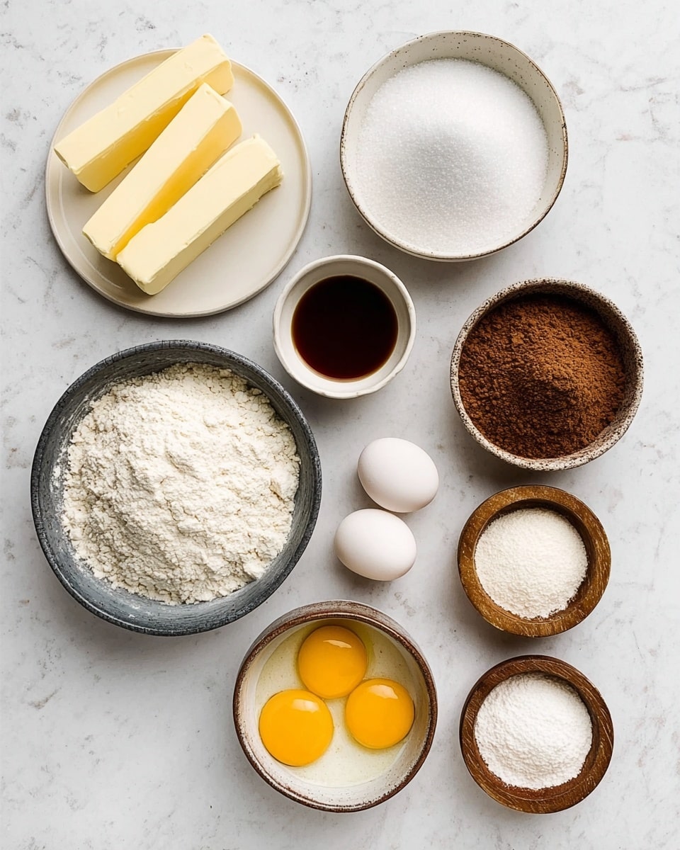 The image shows nine bowls and plates arranged in a neat cluster on a white marbled surface. At the top left, a white round plate holds two long, pale yellow sticks of butter. To the right is a small white bowl with a dark brown liquid. Next is a medium-sized white bowl full of fine white sugar. To its right is another white bowl containing a brown powder, likely a spice mix. Below, on the bottom left, a larger dark gray bowl contains white flour with a powdery texture. Near the center bottom, a small white bowl holds two raw eggs with bright yellow yolks floating in clear whites. On the bottom right, three small round wooden bowls hold fine white powder, off-white powder, and fine white granules, respectively. The whole setup is clean and well-lit, emphasizing the natural colors and textures of the ingredients, photo taken with an iphone --ar 4:5 --v 7