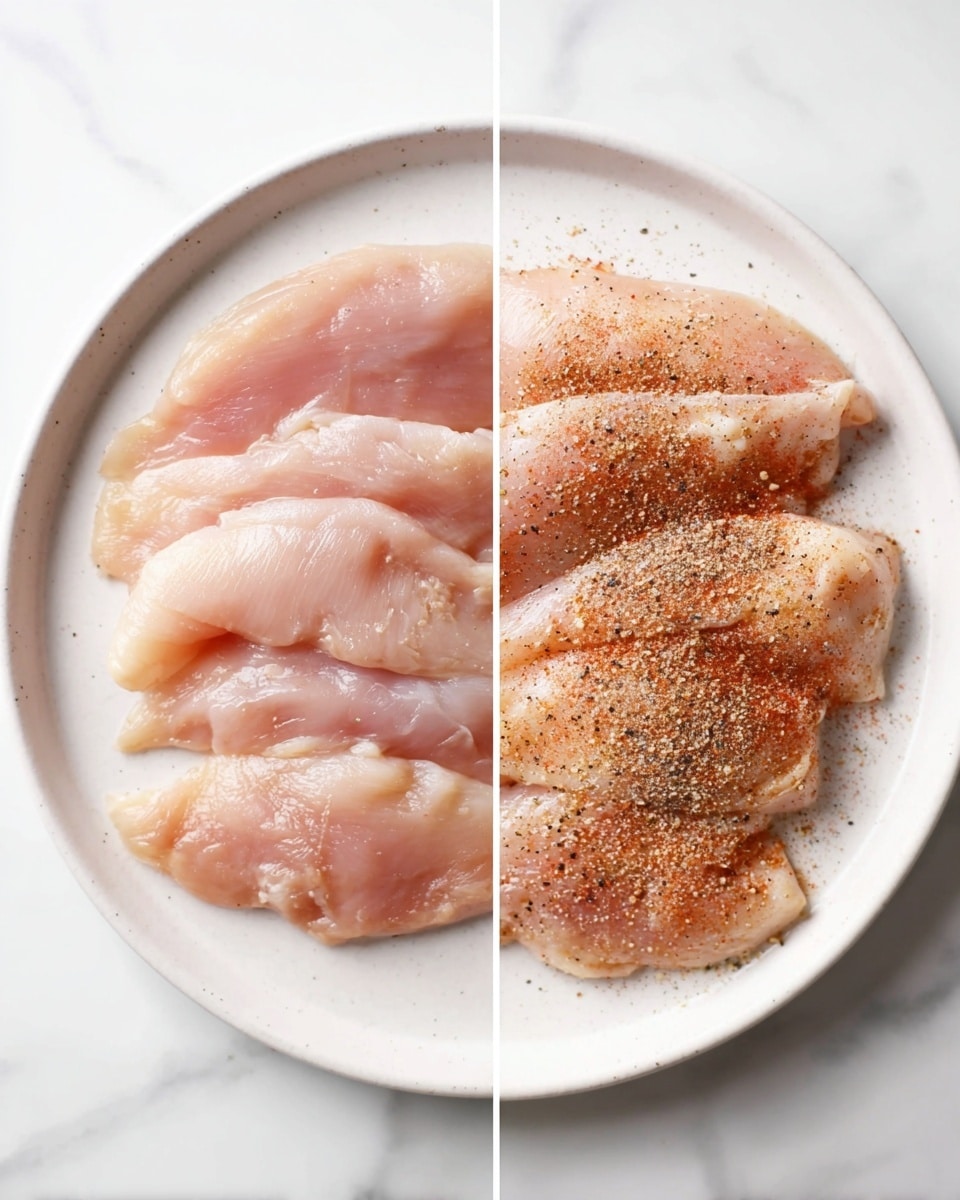 The image shows two side-by-side photos of thin pale pink raw chicken fillets arranged in a single layer on a round white plate, with the fillets overlapping slightly in a circular shape. The left photo shows the fillets plain with a smooth, slightly shiny texture, while the right photo shows the same fillets evenly sprinkled with a layer of reddish-brown seasoning and black pepper, adding a grainy texture on top. The plate is placed on a white marbled surface. Photo taken with an iphone --ar 4:5 --v 7