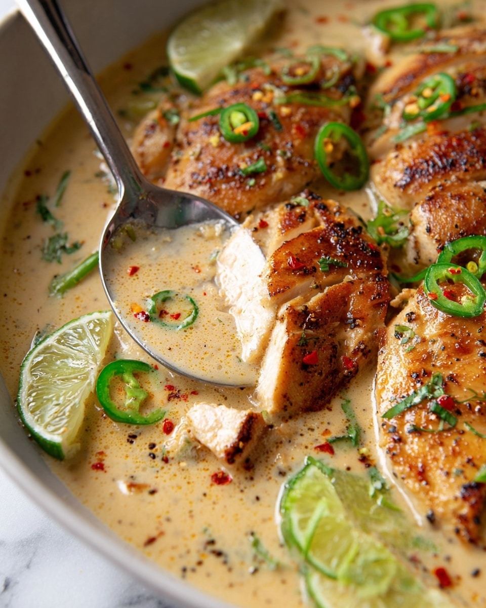 The image shows a close-up of a creamy dish with several pieces of golden brown chicken layered in a rich, light beige sauce. The chicken has a slightly crispy, seasoned surface with visible black pepper and red chili flakes. Thin slices of bright green chili peppers and chopped green herbs are scattered on top and in the sauce. Halves and wedges of lime with a pale green inside and textured skin are placed around the chicken. A metal spoon is scooping some of the sauce, showing its smooth and creamy texture with specks of spices and herbs floating in it. The dish sits on a white marbled surface. Photo taken with an iphone --ar 4:5 --v 7